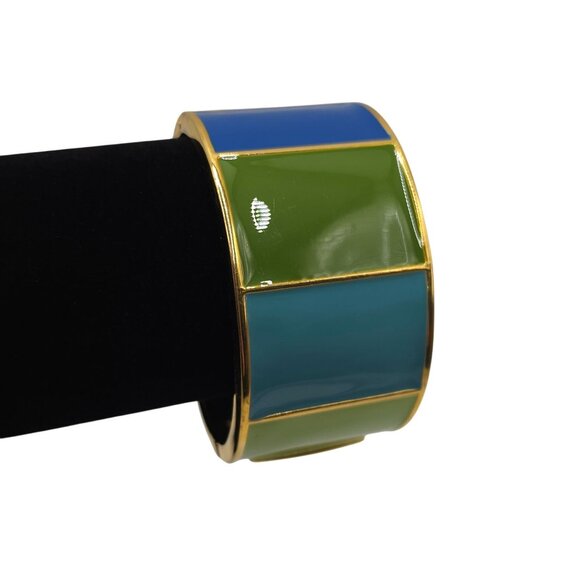 Green/Blue Enamel Gold Tone Chunky Bangle Cuff Bracelet Boho Cottage Cabincore - Picture 1 of 14